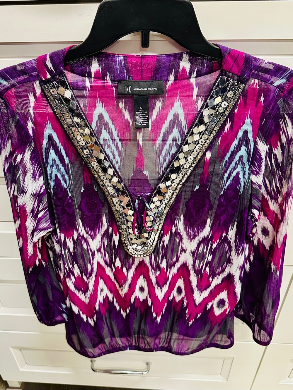 INC International Concepts Purple Magenta Ikat Beaded V-Neck Blouse